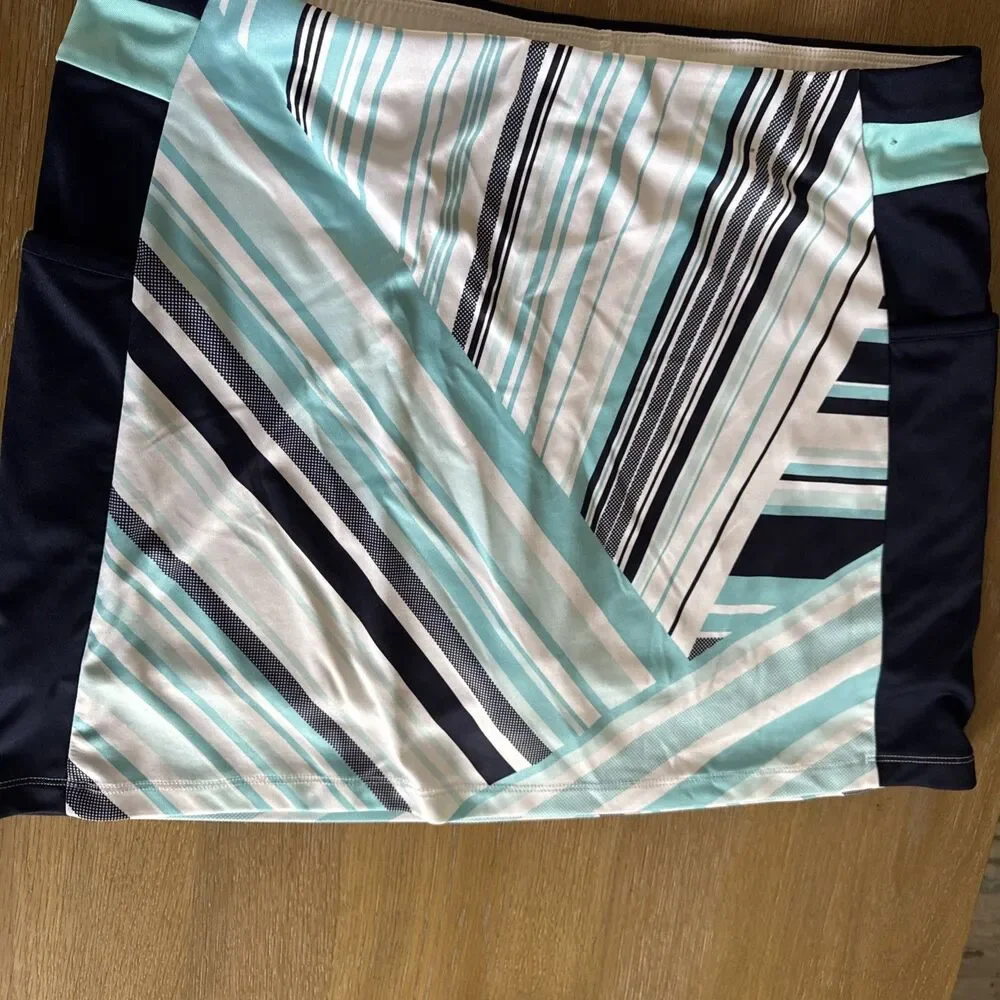 PGA TOUR Womens XL Golf Skort Geometric Stripe Aqua Navy Blue Athletic Tennis